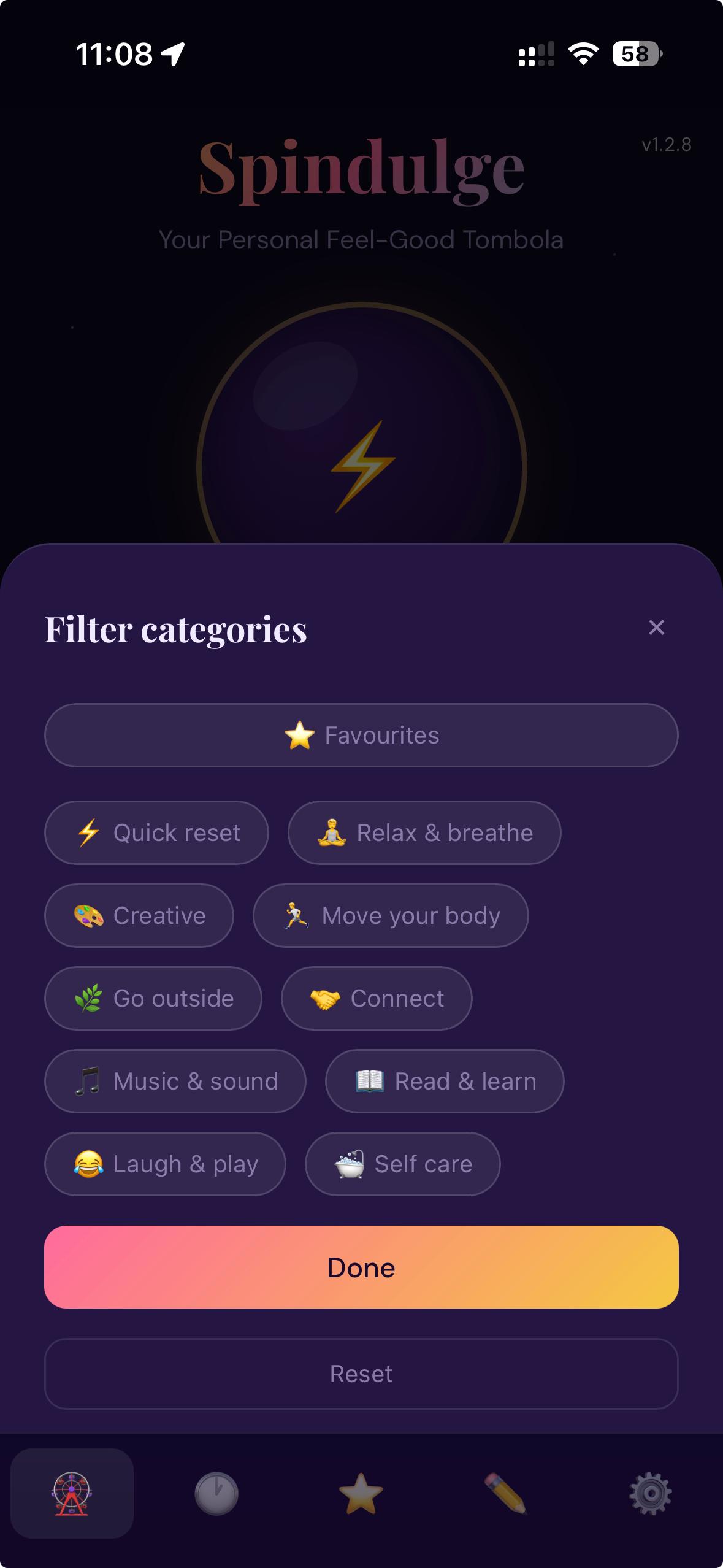 Spindulge category filter with 10 categories