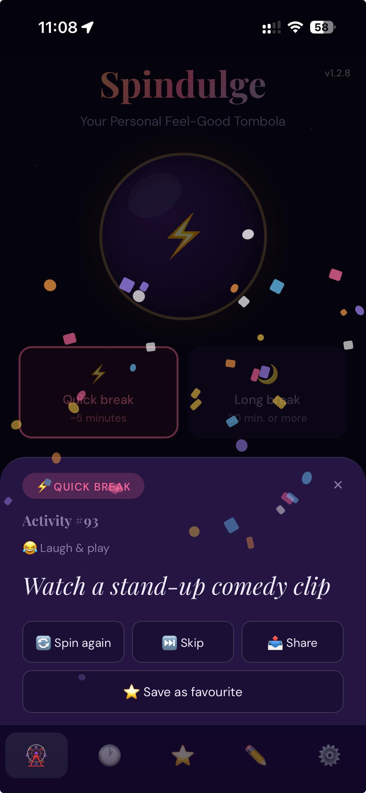 Spindulge result screen showing 'Watch a stand-up comedy clip'